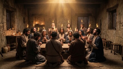 Fototapeta premium Group of middle eastern men and woman kneeling in prayer in ancient room. Biblical scene depicting the Pentecost with tongues of fire above heads. Religious faith and spiritual gathering.