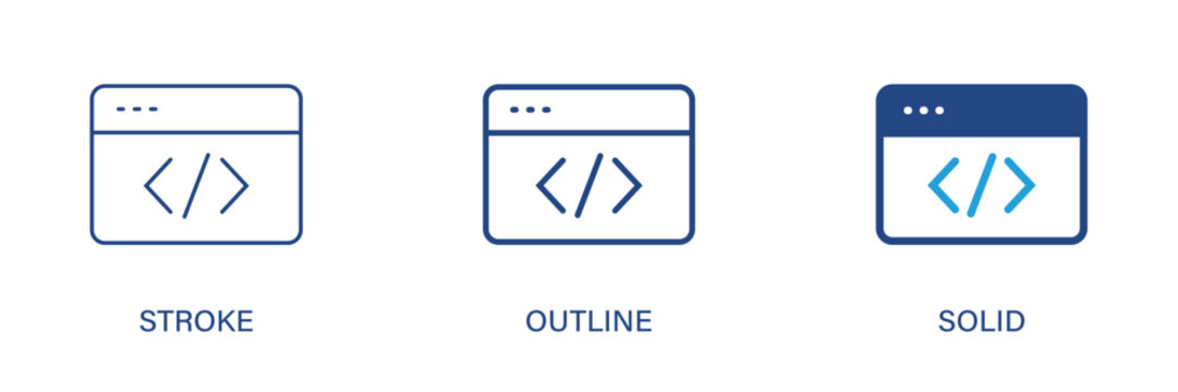 Coding icon with editable stroke, outline and solid styles. Coding, programming, code, api, programmer icons. Vector icon illustration.