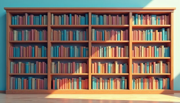 Wooden bookshelves filled with many colorful books. Shelves are neatly stacked with volumes. This library display offers knowledge and reading materials for learning and education.