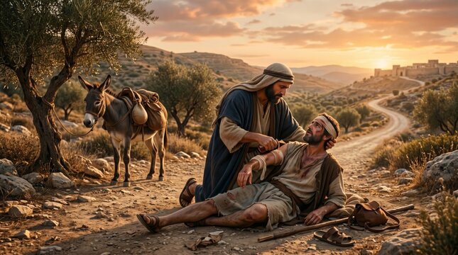 Good Samaritan helping injured man on dusty path. Biblical scene of mercy and compassion. Historical ancient landscape with donkey under olive tree. Dramatic sunset sky background.