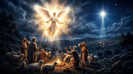 Obraz premium Angel appearing to shepherds in a field near Bethlehem. Biblical scene of the Nativity announcement. Religious illustration of light, faith, holy spirit, and divine miracle at night.