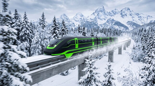 Sleek futuristic high-speed magnetic levitation train painted in matte black and neon green, tearing rapidly through dense frozen forest.