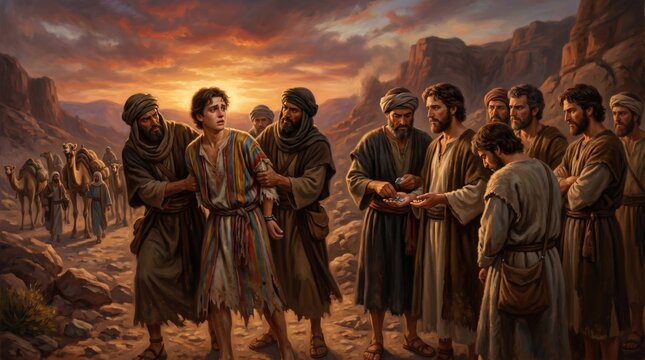 Biblical scene of Joseph being sold by his brothers into slavery to merchant traders. Historical religious narrative depicting betrayal and desert journey. Ancient Middle Eastern art.