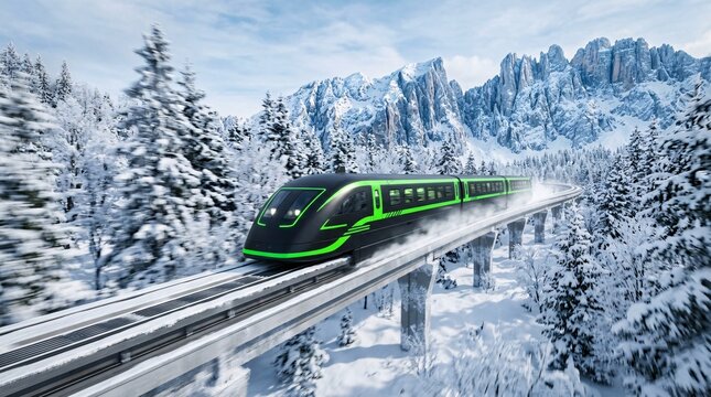 Sleek futuristic high-speed magnetic levitation train painted in matte black and neon green, tearing rapidly through dense frozen forest.