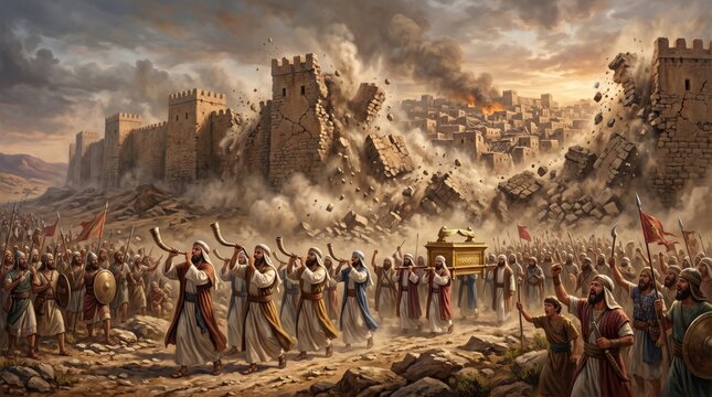 Ancient army marching toward falling city wall in biblical scene. Men carrying ark of covenant while blowing shofar horn. Historical religious event of battle and collapse of Jericho.