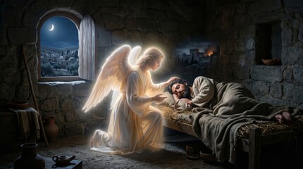 Obraz premium Angel appearing to sleeping man in stone room. Biblical scene of divine messenger visiting Joseph. Spiritual night vision, religious faith, dream and miracle concept for Christmas.