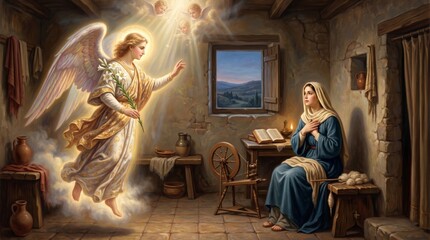 Obraz premium Annunciation scene with angel Gabriel appearing to woman Mary in home. Biblical religious event with heavenly light and flower. Spiritual Christian art depicting divine miracle narrative.