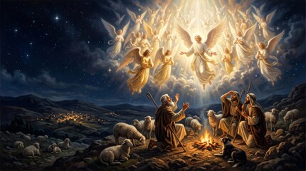 Obraz premium Angels appearing to shepherds in the night sky. Biblical scene depicting the divine announcement of Christmas. Religious history and spiritual miracle concept with bright celestial light.