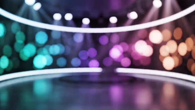 Futuristic television station studio interior, intentionally blurred for abstract visual effect, curved LED displays generating colorful bokeh reflections, realistic volumetric lighting, cinematic 