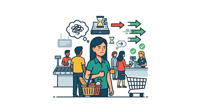 Woman thinking about time while waiting in a long queue at the supermarket checkout.