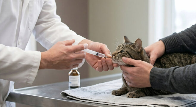 Veterinarian administering oral medication via syringe to a tabby cat with owner assistance