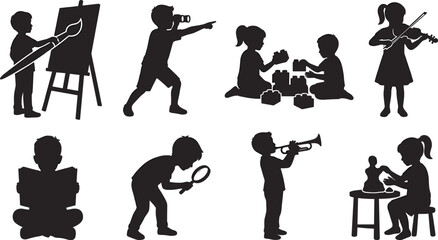 Children creative hobbies and educational activities vector silhouettes collection featuring painting reading music playing and building blocks © fulbabu