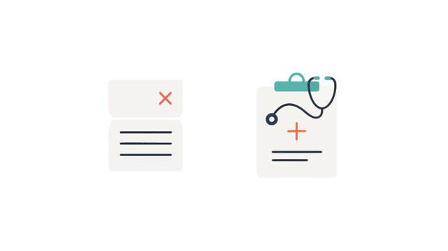 Healthcare documentation vector set including a medical clipboard with stethoscope and a patient record with error mark