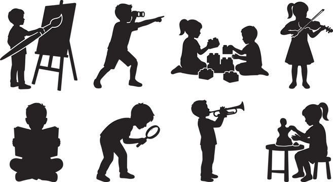 Children creative hobbies and educational activities vector silhouettes collection featuring painting reading music playing and building blocks