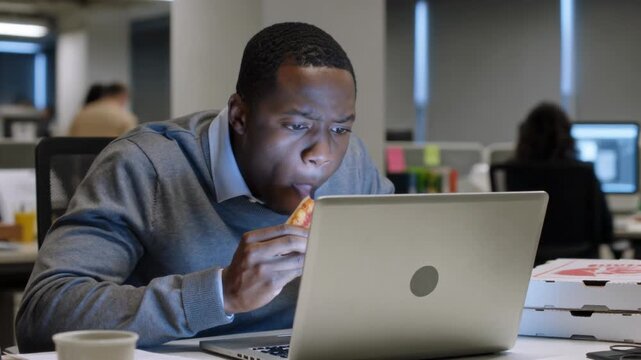 Eating man at office desk in grey sweater taking pizza bite during lunch working on laptop