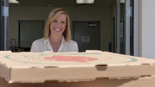 Arriving driver blue polo placing pizza stack at office door, woman in blouse smiling for lunch