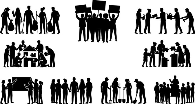 Community volunteer work social activism and teamwork people silhouettes collection with diverse group activities vector icons