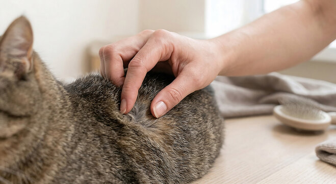 Close up of human hand checking tabby cat fur for skin health or fleas