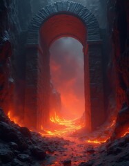 Fototapeta premium Stone archway entrance to fiery underground hellscape. Molten lava river flows through dark rocky chasm with glowing orange inferno. Volcanic scene evokes danger and mythic fantasy realm.