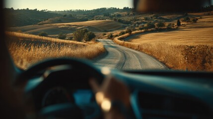 Obraz premium Medium shot of a student steering carefully through a winding rural road bordered by golden farmland with the car in sharp focus and fields softly blurred.