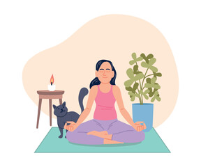 Obraz premium Meditation with cat. Girl sit in relaxing pose. Keep calm, relax and meditate. Female character with cute kitten, home workout, recent vector scene original artwork