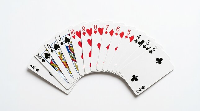 Flat lay of bridge card game setup: 52 playing cards spread elegantly, bidding cards, scorepad and pencil on dark wood table, top-down view, clean commercial photography