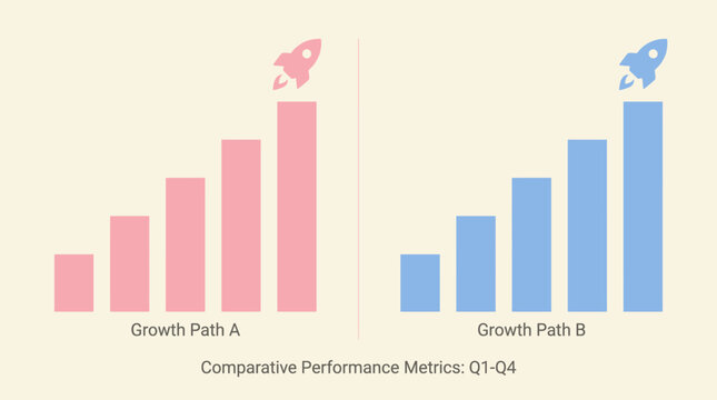 Business graphs compare performance metrics with rockets on top of data columns