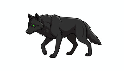 Fototapeta premium Black wolf, cartoon animal, green eyes, walking, vector illustration, dark creature, wildlife symbol