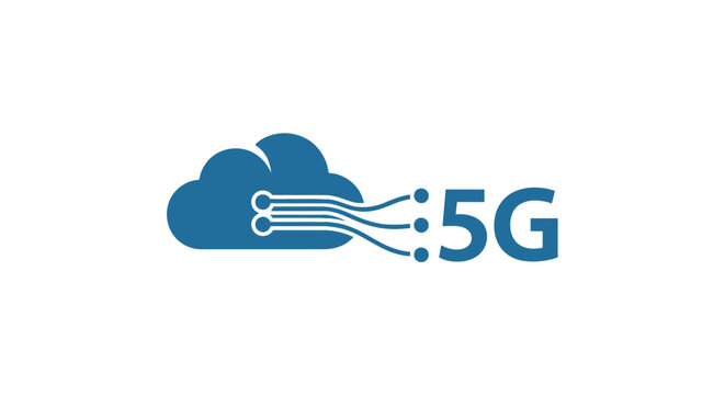 5G logo with cloud data stream lines.