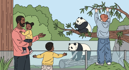 Family visiting panda enclosure, zoo illustration, cartoon people, giant panda bears © Super