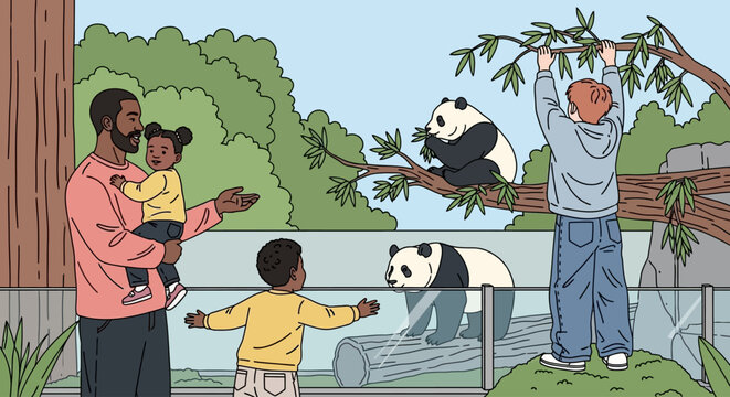Family visiting panda enclosure, zoo illustration, cartoon people, giant panda bears