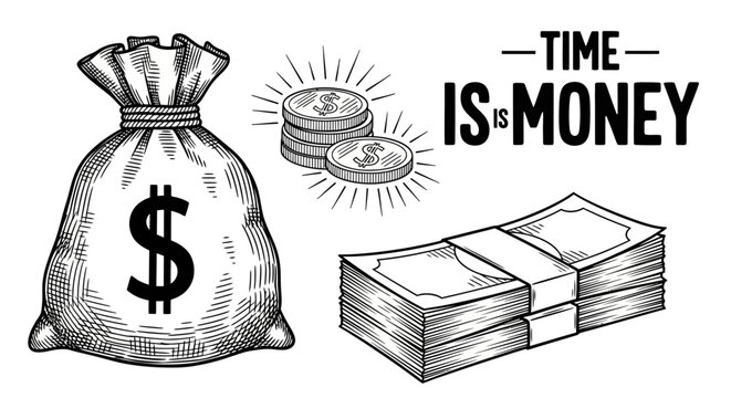 Money bag with dollar sign, stack of cash, coins, and 'Time is money' text, financial vector illustration