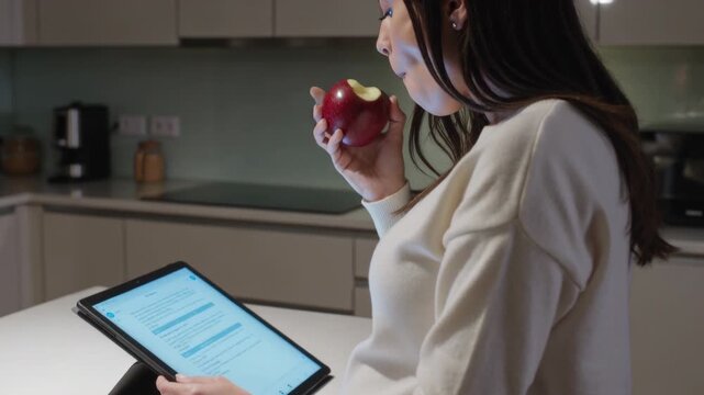 Leaning woman in sweater reading tablet showing text at kitchen island biting red apple, copy space