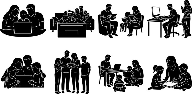 Family screen time and digital technology device usage vector silhouettes set with parents children and gadgets