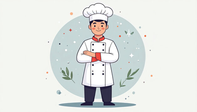 Cartoon chef standing with arms crossed.