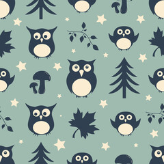 Cute cartoon owls with seamless pattern background for kids nursery fabric, wallpaper and playful textile design © Grand1x
