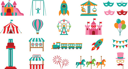 Amusement park vector icon set collection with carnival circus tent ferris wheel carousel train fireworks balloons isolated on white background © Mifta
