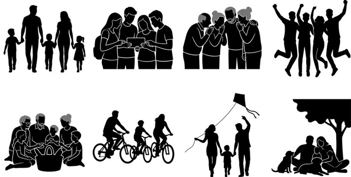 Happy family lifestyles outdoor activities and multi generational groups vector silhouettes collection with parenting and recreation icons