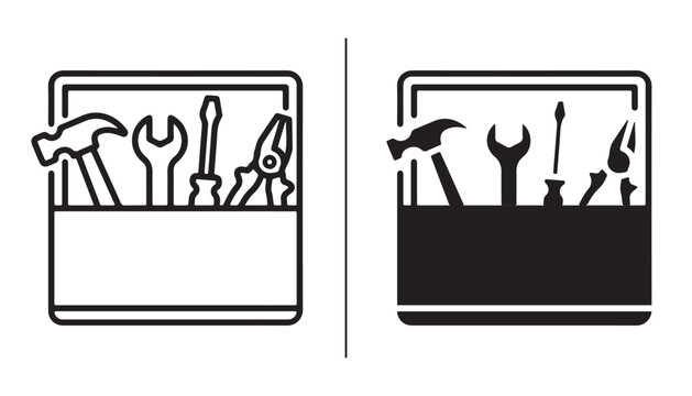Toolbox Icons: A clear and concise representation of a toolbox filled with essential tools, presented in both line art and solid silhouette.
