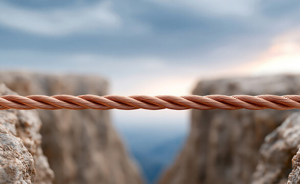 Tightrope walking wire stretched between two steep rock canyon cliffs