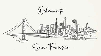 Naklejka premium San Francisco Skyline Illustration, Golden Gate Bridge, Line Art