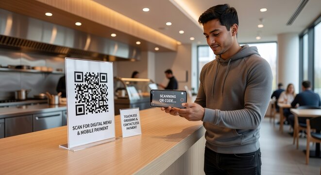 Man scanning QR code on sign with smartphone at restaurant counter. Customer using mobile device for digital menu and contactless payment. Innovative ordering technology in modern cafe.