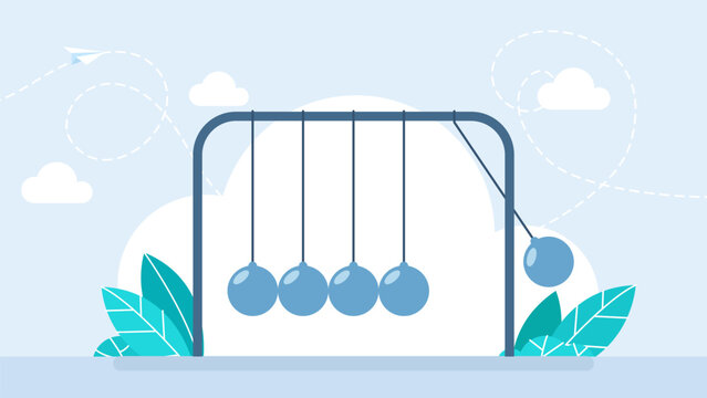 Newton cradle with one hanging metallic sphere moving to strike balls, representing cause and effect concept, physics law momentum and business collision. Vector illustration.