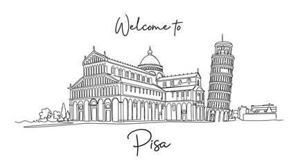 Obraz premium Pisa Italy Skyline Illustration: Cathedral and Leaning Tower in Line Art
