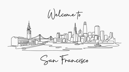Naklejka premium San Francisco Skyline Illustration: Black and White Cityscape