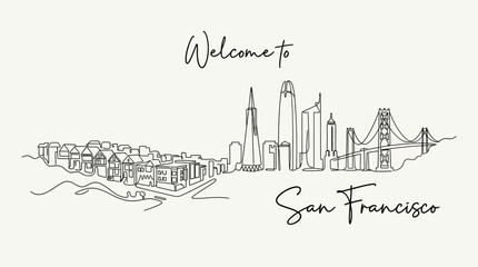Fototapeta premium San Francisco Skyline Illustration: Line Art Welcome Message