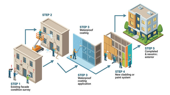 Building Facade Renovation Process Steps Isometric Illustration.