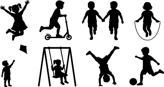 Kids playing outdoor activities silhouette vector set with children swinging jumping and riding kick scooter