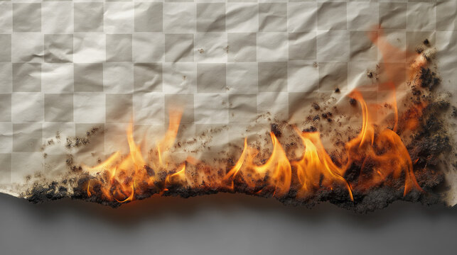 a burnt paper with a textured, off white surface, featuring active flames and dark ash along its upper edge