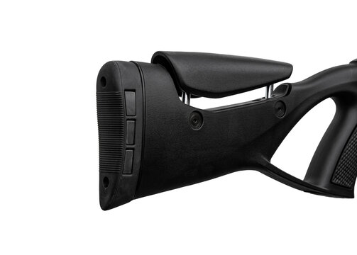 Close-up of an adjustable black synthetic rifle stock buttpiece isolated on white back